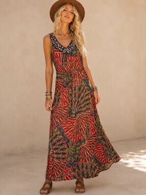 Valerie Stevens Womens Sleeveless Beaded Maxi Dress Multicolor Floral Print L